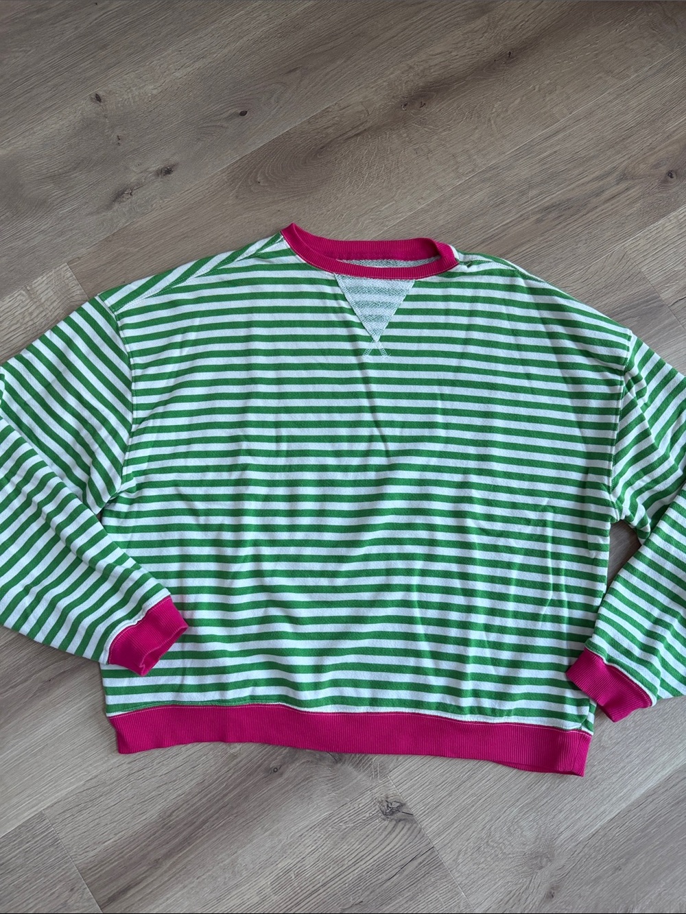 We the Free Crewneck Green & White Sweatshirt with Pink Trim - Picture 1 of 5